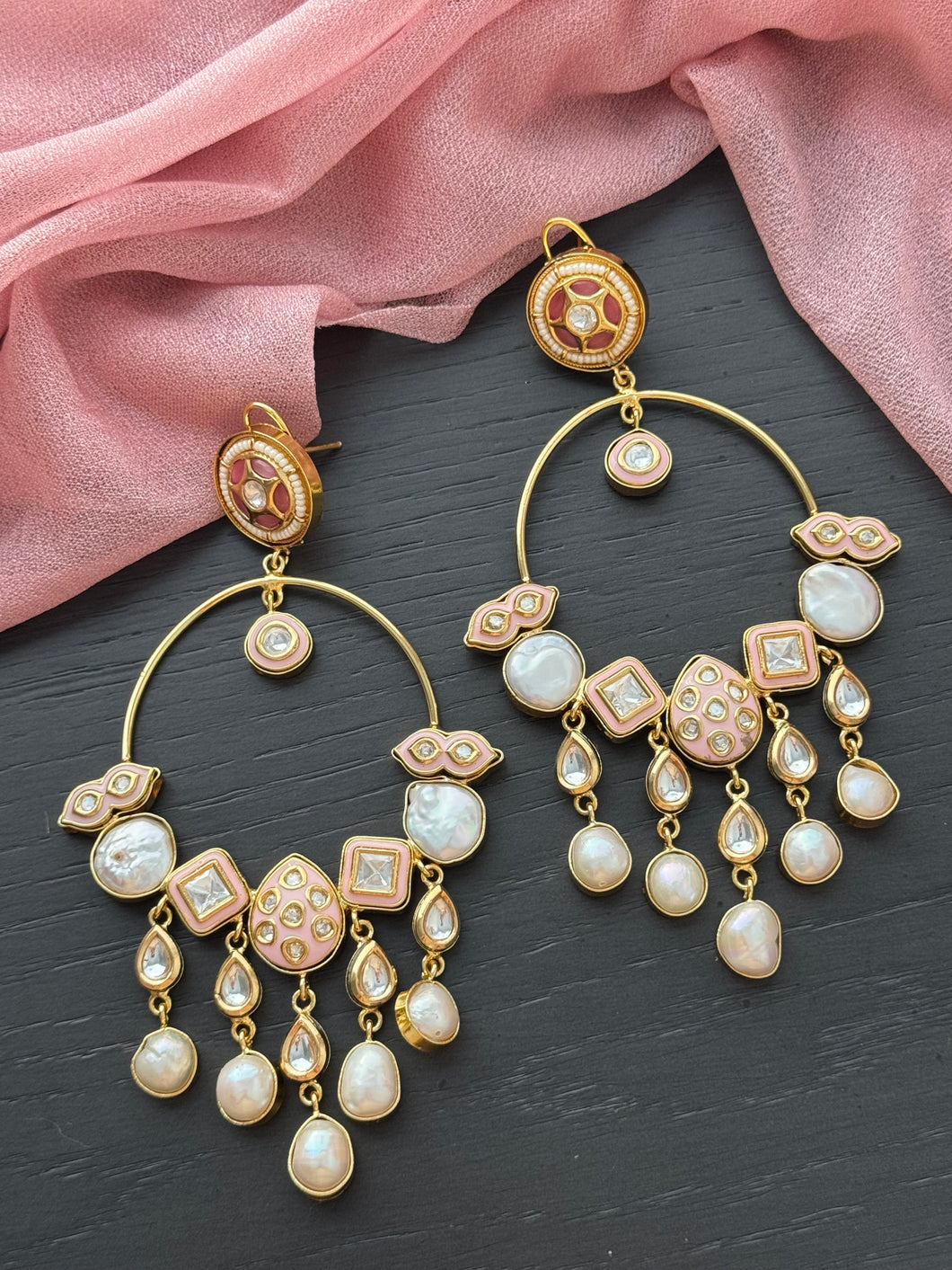 MOP Kundan Chandbali - Rose Pink
