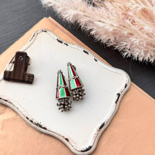 Load image into Gallery viewer, Sloane Cone Earrings in oxidized metal alloy with red detailing, green accents and hanging metal beads
